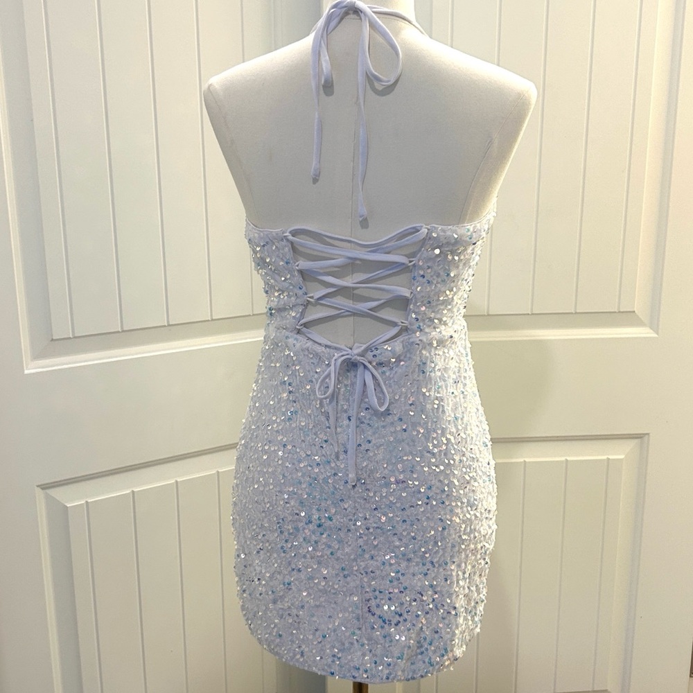 White Sequin Mini Dress Sleeveless Plunging V-Neck Mesh Yoke Back Lace Ties M - Picture 5 of 15